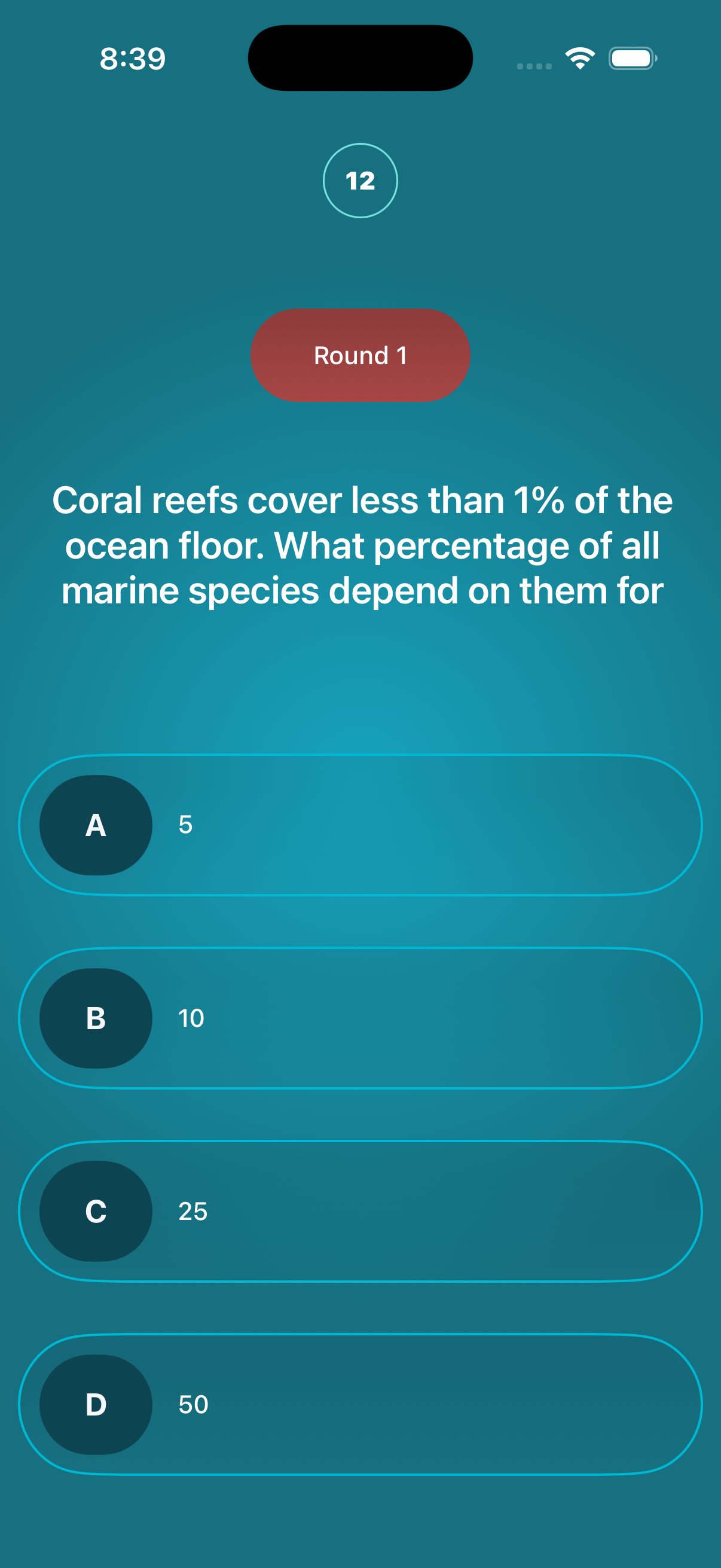 A live trivia question with a countdown